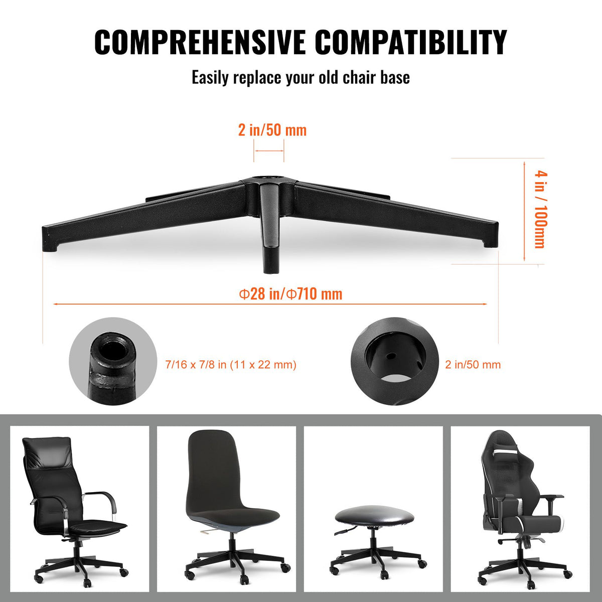 Office Chair Base Replacement, 710 mm, 1134 kg Static Load Capacity, Heavy Duty Universal Computer Desk Chair Stool Base Part with Reinforced Metal Legs, Desk Chair Base Replacement Parts, Black