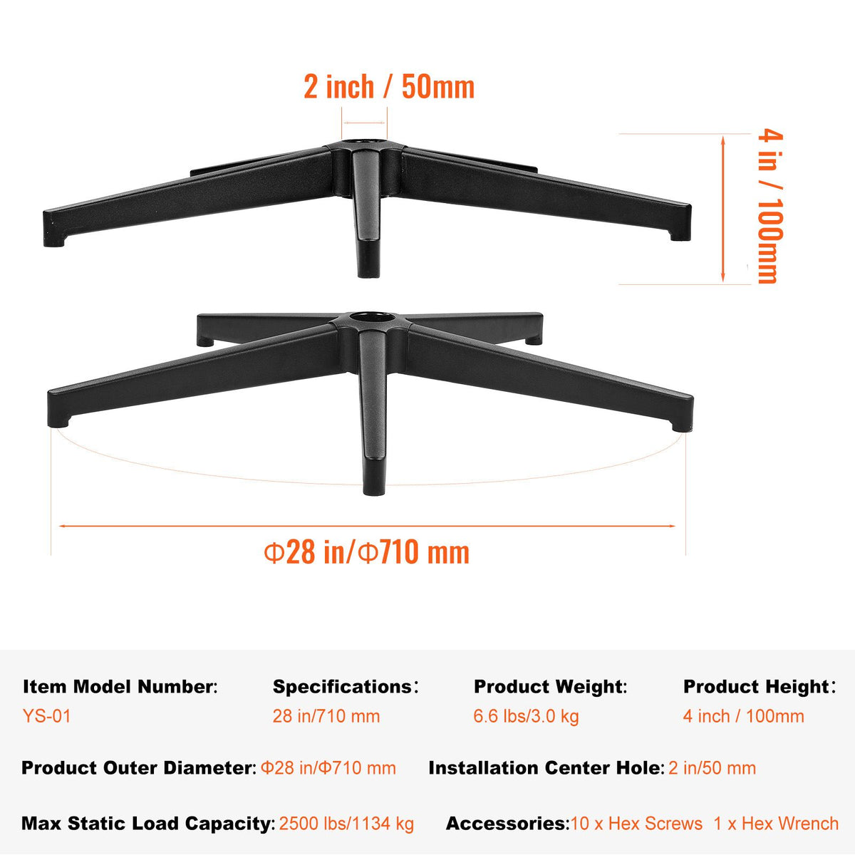Office Chair Base Replacement, 710 mm, 1134 kg Static Load Capacity, Heavy Duty Universal Computer Desk Chair Stool Base Part with Reinforced Metal Legs, Desk Chair Base Replacement Parts, Black