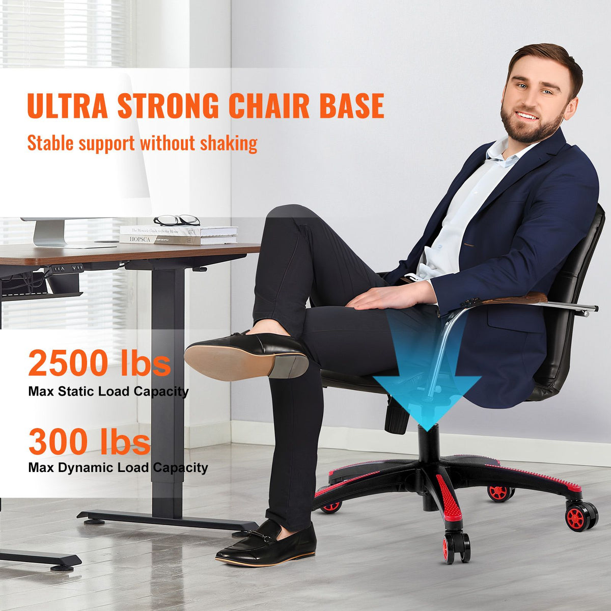 Office Chair Base Replacement, 710 mm, 1134 kg Static Load, Heavy Duty Universal Computer Desk Chair Stool Base Part with 5 Casters and Reinforced Legs, Desk Chair Base Replacement, Black + Red