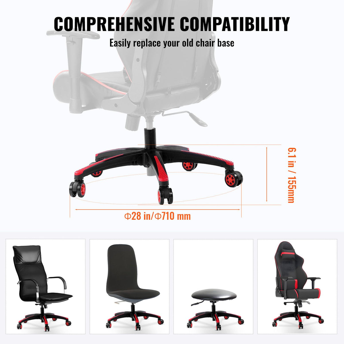 Office Chair Base Replacement, 710 mm, 1134 kg Static Load, Heavy Duty Universal Computer Desk Chair Stool Base Part with 5 Casters and Reinforced Legs, Desk Chair Base Replacement, Black + Red