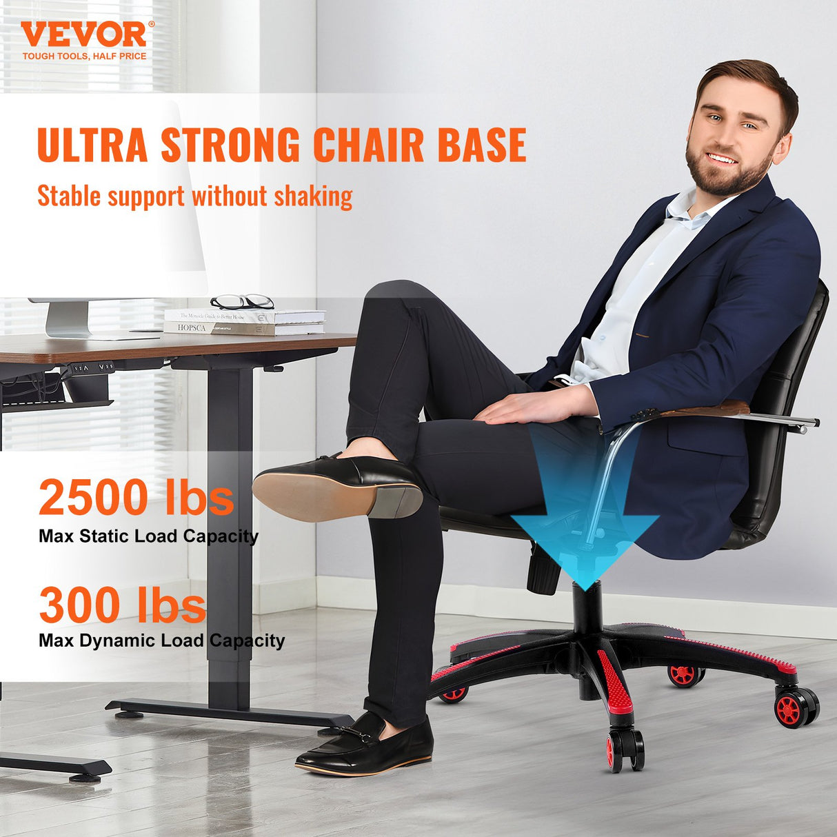 Office Chair Base Replacement, 710 mm, 1134 kg Static Load, Heavy Duty Universal Computer Desk Chair Stool Base Part with 5 Casters and Reinforced Legs, Desk Chair Base Replacement, Black + Red