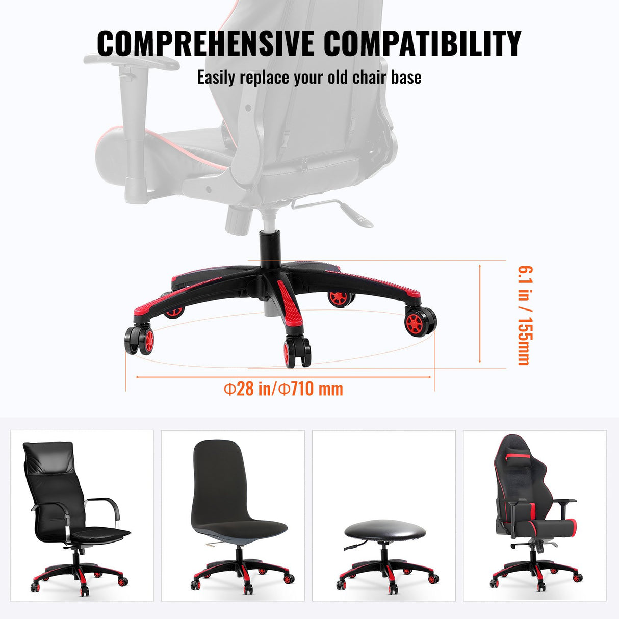 Office Chair Base Replacement, 710 mm, 1134 kg Static Load, Heavy Duty Universal Computer Desk Chair Stool Base Part with 5 Casters and Reinforced Legs, Desk Chair Base Replacement, Black + Red