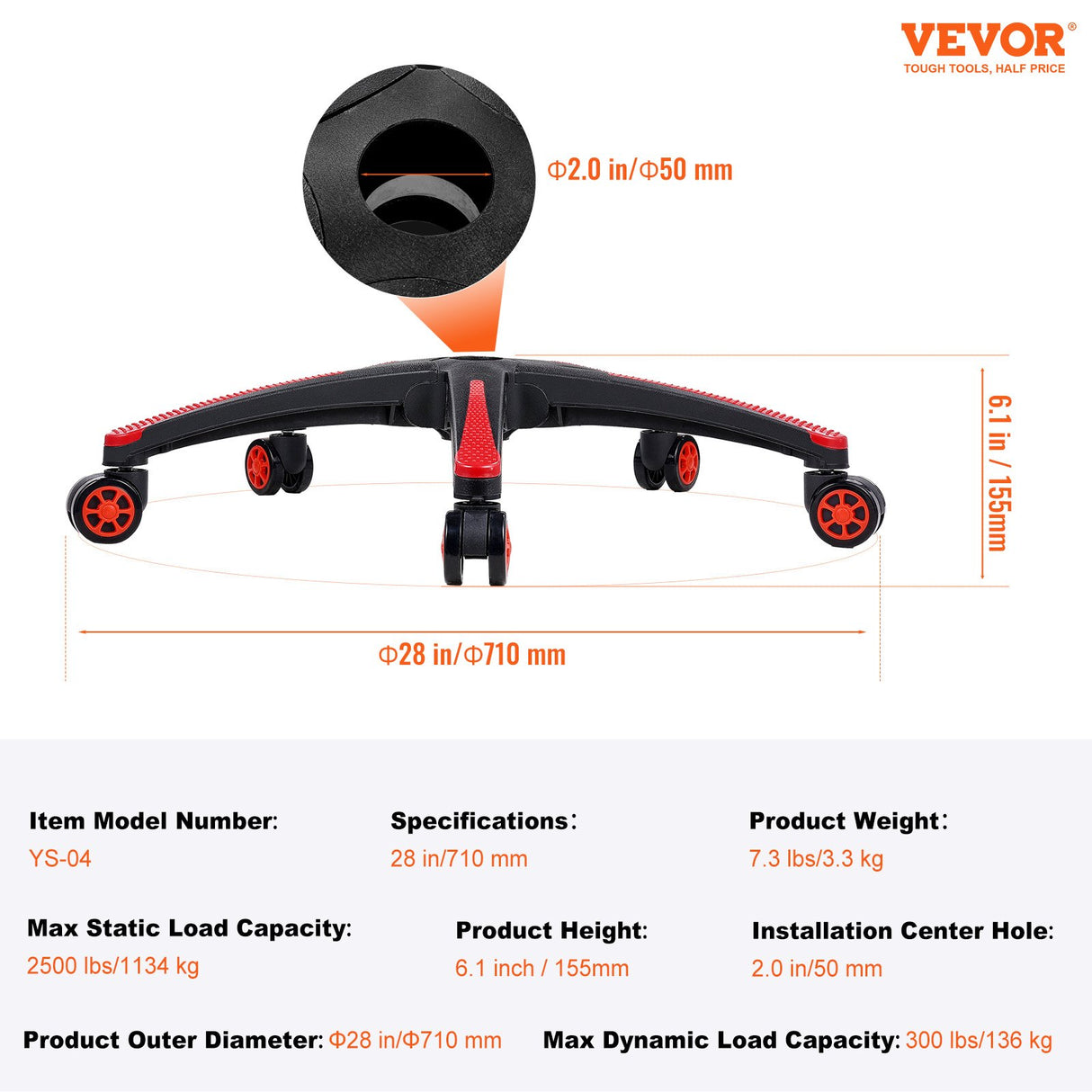 Office Chair Base Replacement, 710 mm, 1134 kg Static Load, Heavy Duty Universal Computer Desk Chair Stool Base Part with 5 Casters and Reinforced Legs, Desk Chair Base Replacement, Black + Red