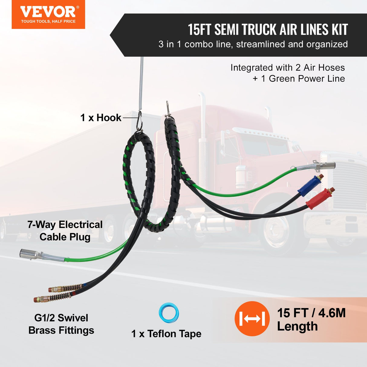 VEVOR 12FT Semi Truck Air Lines Kit, 3-in-1 Air Hoses & ABS Power Line for Semi Truck Trailer Tractor, 7-Way Plug Electrical Cord Cable and Rubber Air