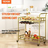 VEVOR 2 Tiers Gold Metal Bar Serving Cart with Wine Rack Glass Holder 120 LBS - Front View