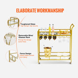 VEVOR 2 Tiers Gold Metal Bar Serving Cart with Wine Rack Glass Holder 120 LBS - 45-Degree Angle