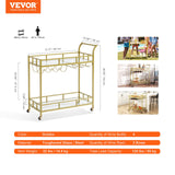 VEVOR 2 Tiers Gold Metal Bar Serving Cart with Wine Rack Glass Holder 120 LBS