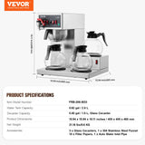 VEVOR 12 Cups Commercial Drip Coffee Maker with 3 Glass Carafes and 3 Warmers - Close-Up Angle
