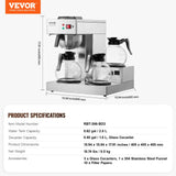 VEVOR 12 Cups Commercial Drip Coffee Maker with 3 Glass Carafes and 3 Warmers - Rear View
