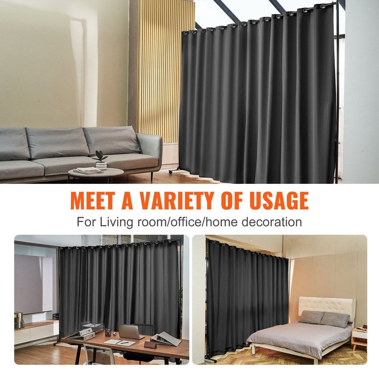 VEVOR Room Divider, 8 ft x 10 ft (96 x 120inch) Portable Panel Room Divider with Wheels Curtain Divider Stand, Room Divider Privacy Screen for Office, Bedroom, Dining Room, Study, Black