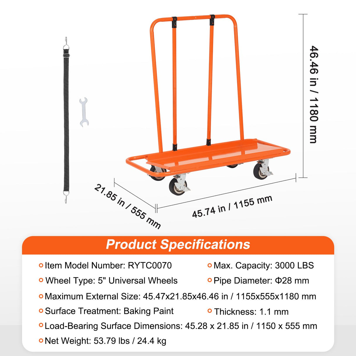 VEVOR Drywall Cart, 3000 LBS Panel Dolly Cart with 45.28" x 21.8" Deck and 5" Swivel Wheels, Heavy-Duty Drywall Sheet Cart, Handling Wall Panel,