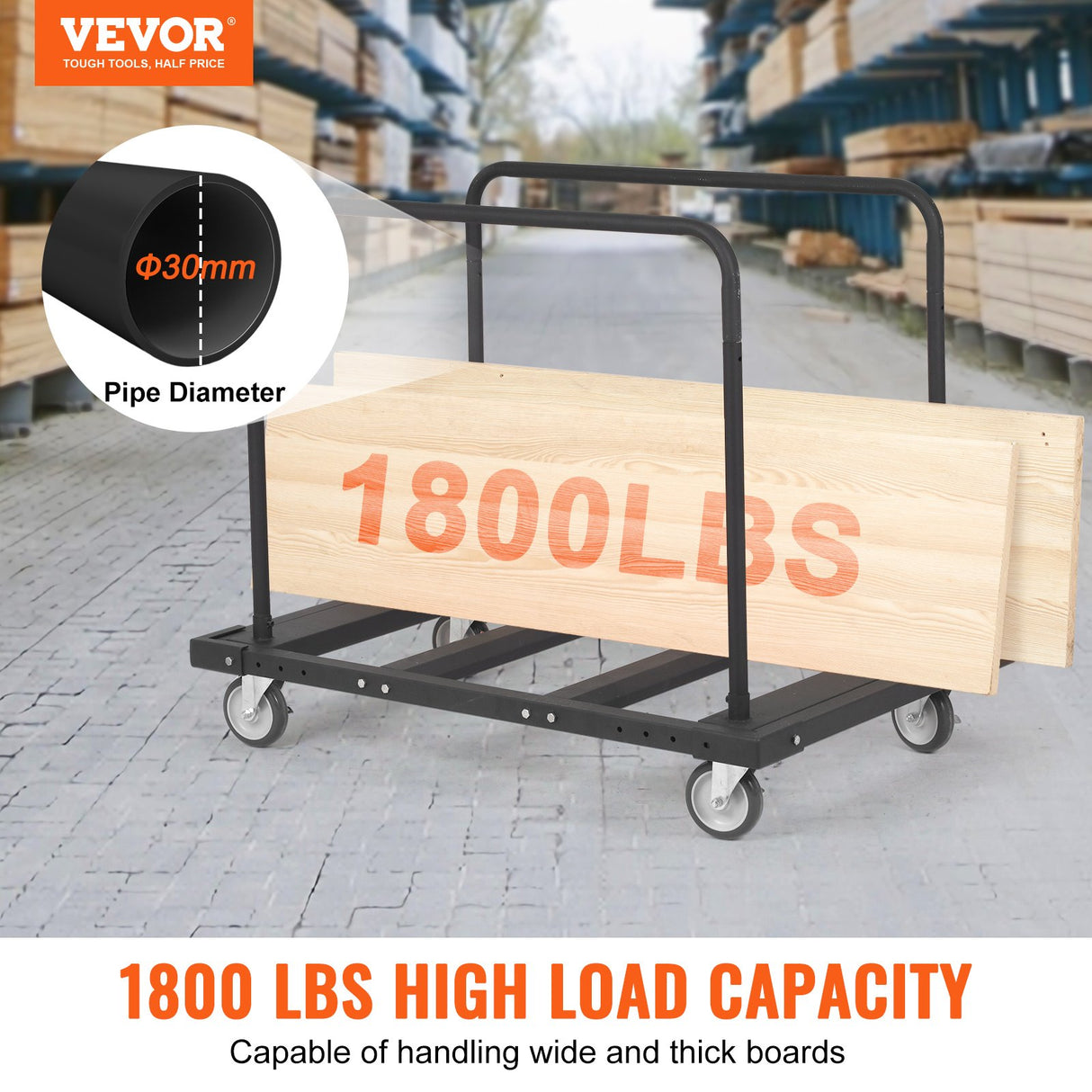 VEVOR Drywall Cart, 1800 LBS Panel Dolly Cart with 45.28" x 29.13" Deck and 5" Swivel Wheels, Heavy-Duty Drywall Sheet Cart, Handling Wall Panel,