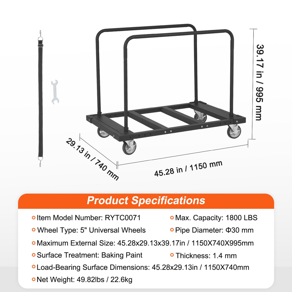 VEVOR Drywall Cart, 1800 LBS Panel Dolly Cart with 45.28" x 29.13" Deck and 5" Swivel Wheels, Heavy-Duty Drywall Sheet Cart, Handling Wall Panel,