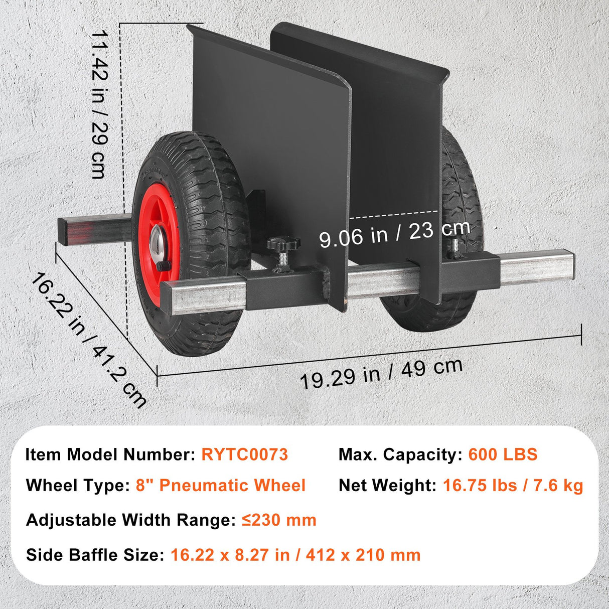 VEVOR Panel Dolly, 600LBS Capacity Slab Dolly, Heavy-duty Drywall Mover with 8" Pneumatic Wheels, Adjustable Clamp Panel Cart for Drywall Sheet, Material Handling, All Terrain Moving Cart