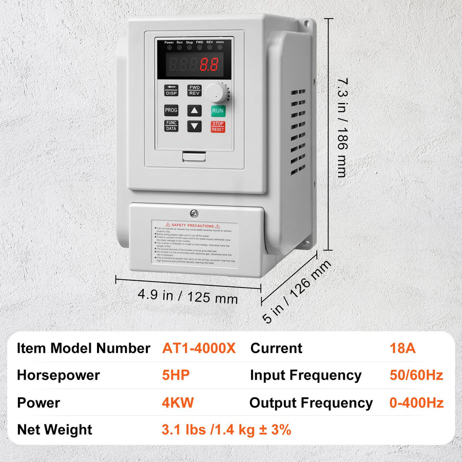 VFD 5HP, 4KW, 18A, 1 Phase 220V-240V Input to 3 Phase 220V-240V Output Variable Frequency Drive, 0-400Hz VFD for AC Motor Speed Control