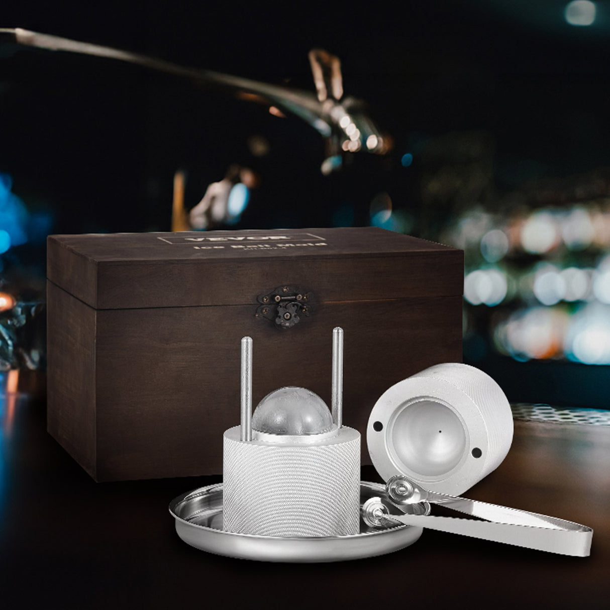 Ice Ball Press Kit, Aircraft Al Alloy Ice Press with Ice Block Mold, Large Mat, Tong, Drip Tray, One Glass, Round Ice Ball Maker 2.4"/60 mm Ice Sphere, for Whiskey, Cocktail on Party & Holiday