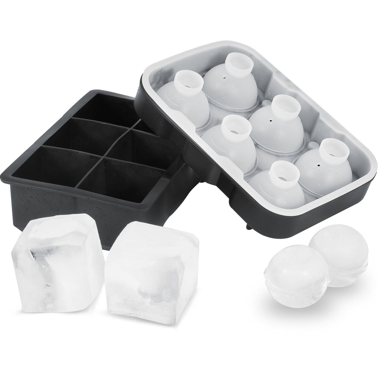 VEVOR Ice Cube Trays (Set of 2), 2-in-1 Combo with Silicone Sphere Ice Ball Maker & Large Square Ice Cube Maker with Lid, Reusable Easy Release BPA