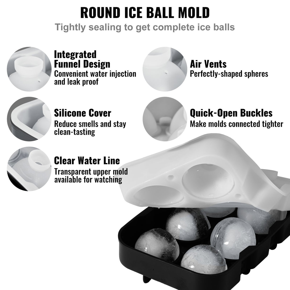 VEVOR Ice Cube Trays (Set of 2), 2-in-1 Combo with Silicone Sphere Ice Ball Maker & Large Square Ice Cube Maker with Lid, Reusable Easy Release BPA