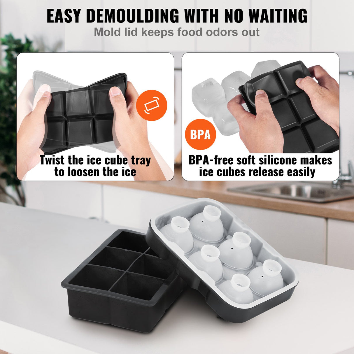 VEVOR Ice Cube Trays (Set of 2), 2-in-1 Combo with Silicone Sphere Ice Ball Maker & Large Square Ice Cube Maker with Lid, Reusable Easy Release BPA