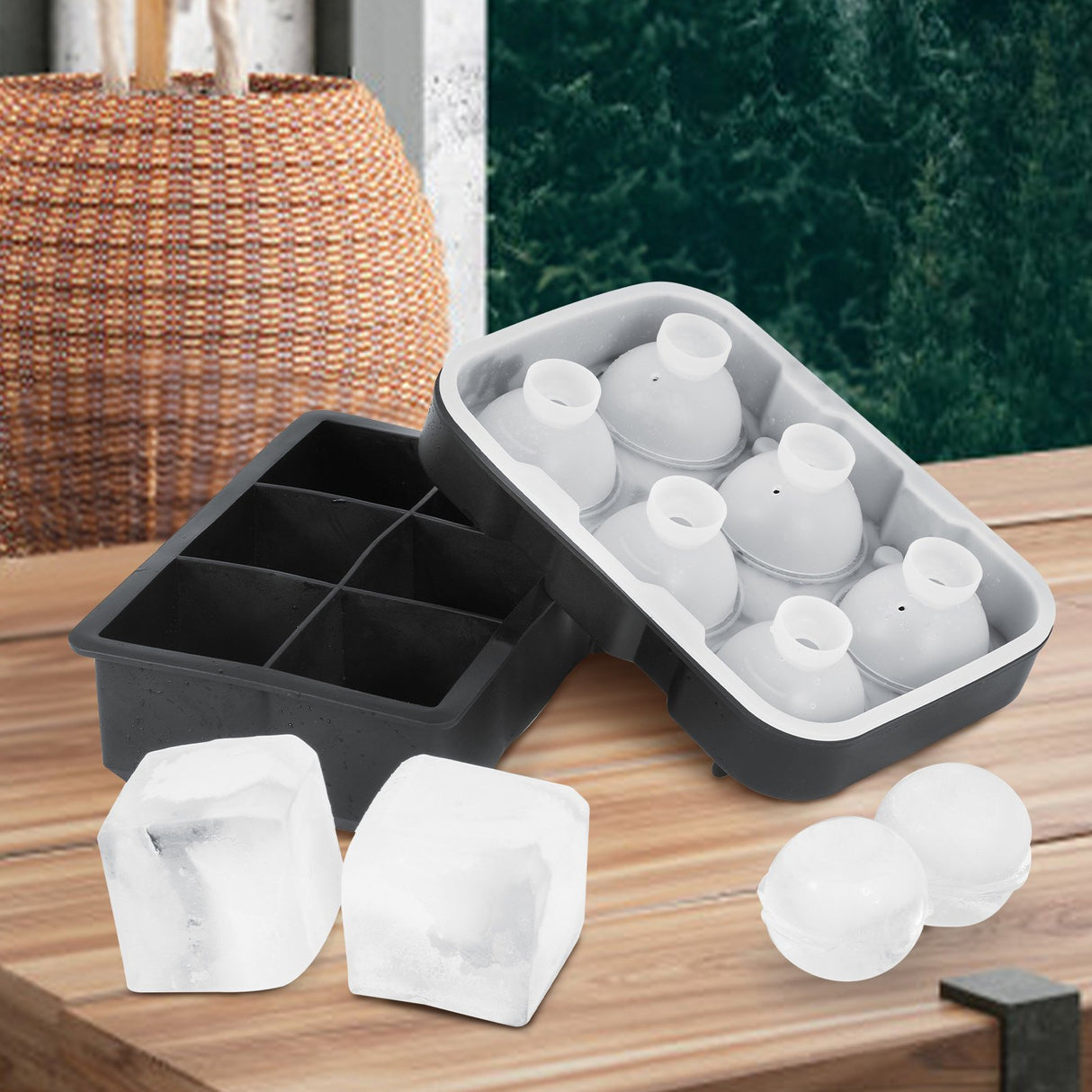 VEVOR Ice Cube Trays (Set of 2), 2-in-1 Combo with Silicone Sphere Ice Ball Maker & Large Square Ice Cube Maker with Lid, Reusable Easy Release BPA