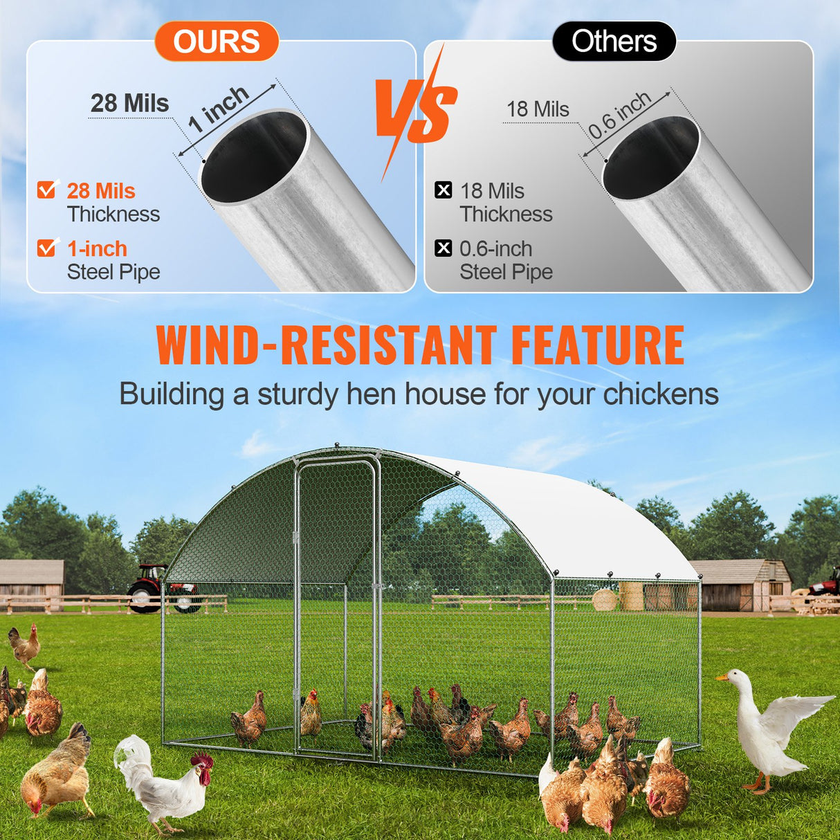 VEVOR Chicken Coop, 9.8x6.5x6.5ft Walk-in Large Metal Chicken Run for Yard with Waterproof Cover, Doom Roof Hen House with Security Lock for Outdoor