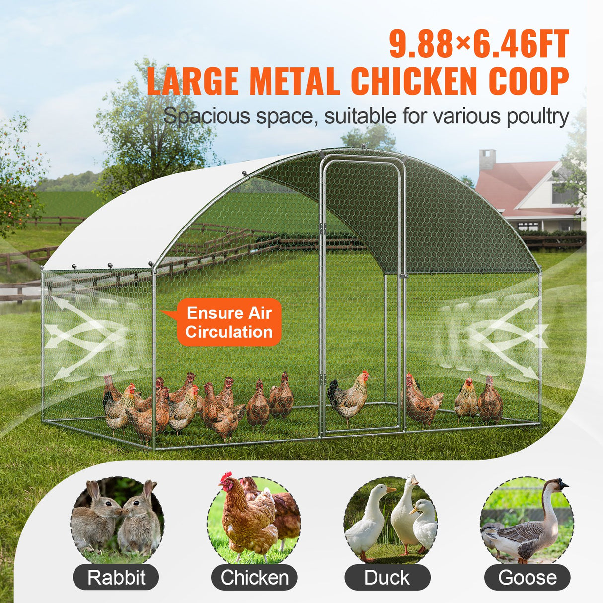 VEVOR Chicken Coop, 9.8x6.5x6.5ft Walk-in Large Metal Chicken Run for Yard with Waterproof Cover, Doom Roof Hen House with Security Lock for Outdoor