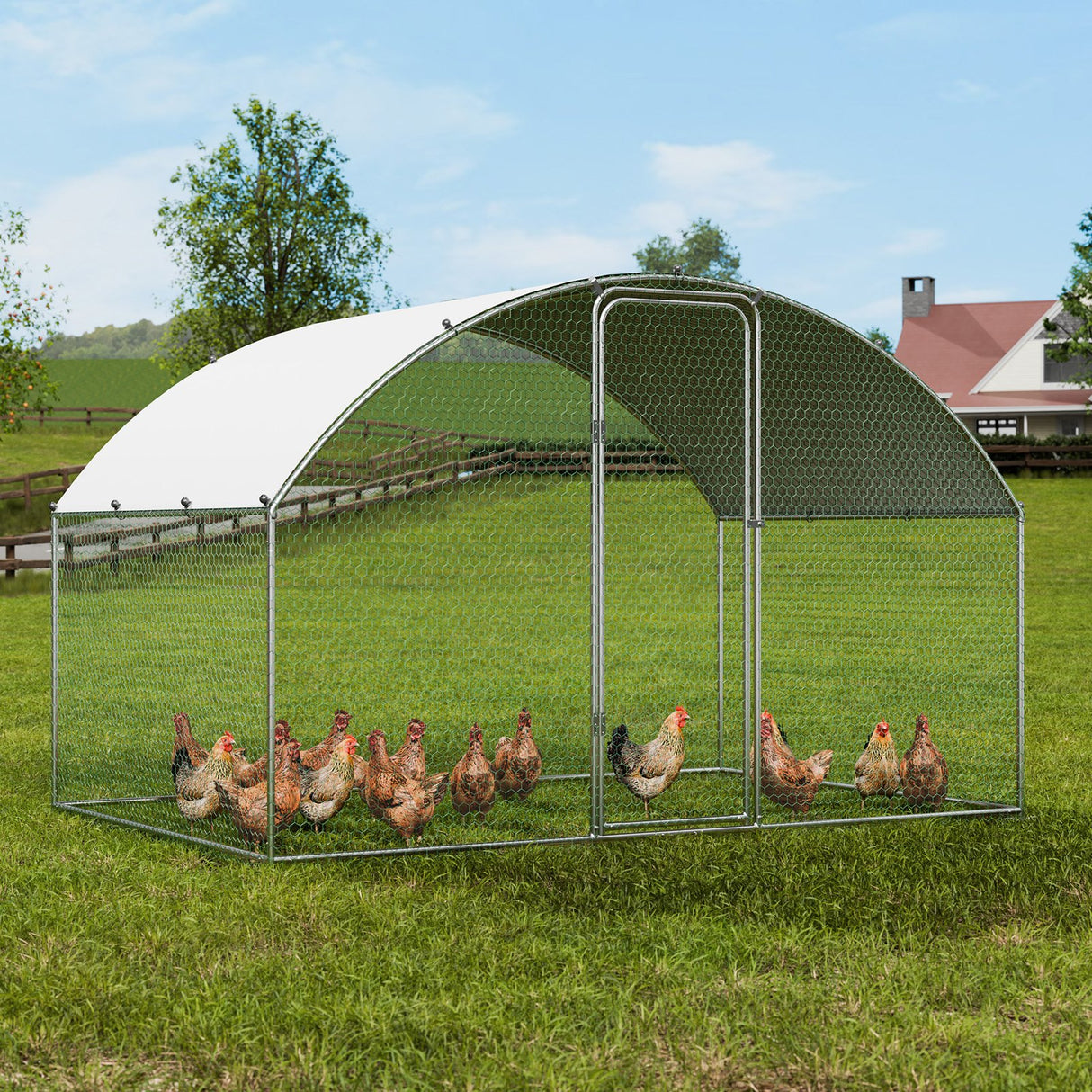 VEVOR Chicken Coop, 9.8x6.5x6.5ft Walk-in Large Metal Chicken Run for Yard with Waterproof Cover, Doom Roof Hen House with Security Lock for Outdoor