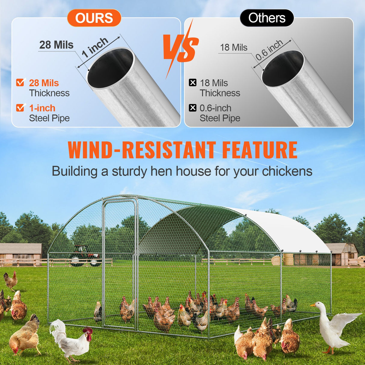 VEVOR Large Metal Chicken Coop, 9.8x12.9x6.5 ft Walk in Chicken Run for Yard with Waterproof Cover, Doom Roof Hen House with Security Lock for Outdoor