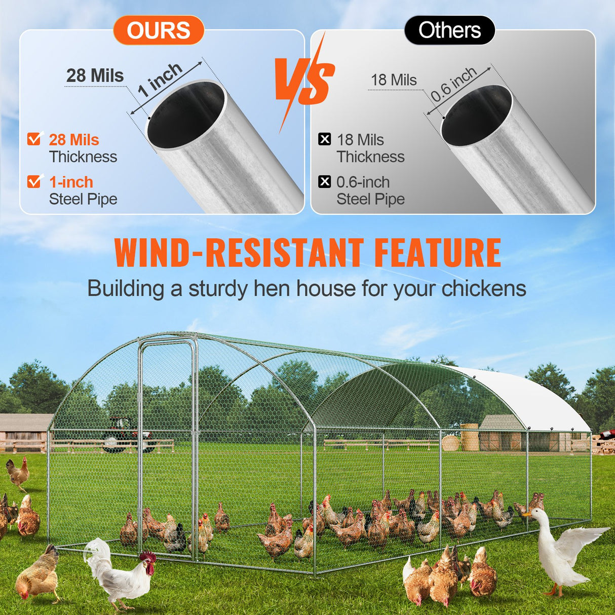VEVOR Large Metal Chicken Coop with Run, 9.8x19.3x6.5 ft Walk-in Chicken Runs for Yard with Cover, Doom Roof Hen House with Security Lock for Outdoor