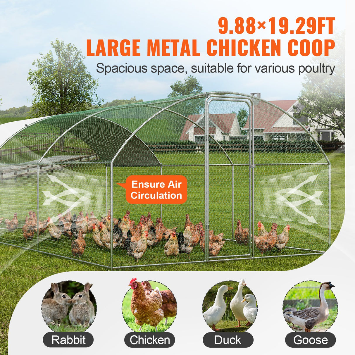 VEVOR Large Metal Chicken Coop with Run, 9.8x19.3x6.5 ft Walk-in Chicken Runs for Yard with Cover, Doom Roof Hen House with Security Lock for Outdoor