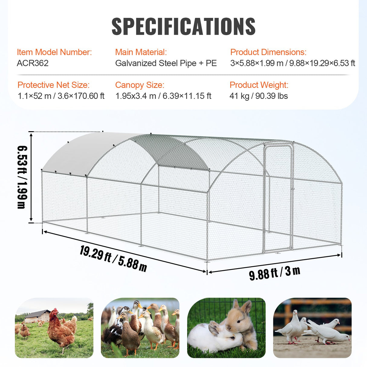 VEVOR Large Metal Chicken Coop with Run, 9.8x19.3x6.5 ft Walk-in Chicken Runs for Yard with Cover, Doom Roof Hen House with Security Lock for Outdoor