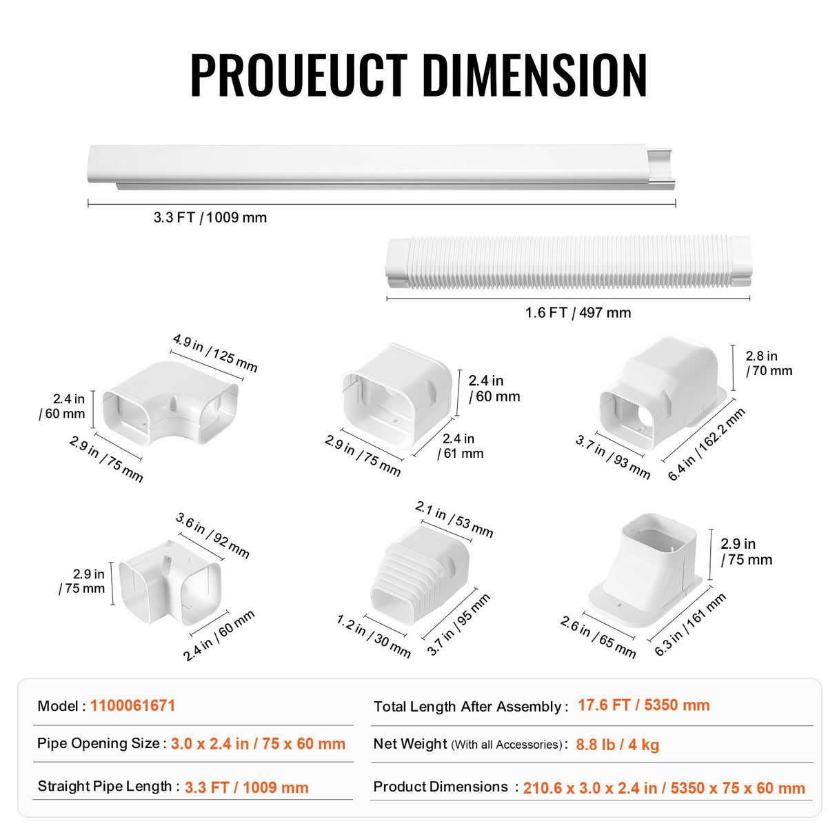 VEVOR Mini Split Line Set Cover 76.2mm W 5350mm L, PVC Decorative Pipe Line Cover For Air Conditioner with 4 Straight Ducts & Full Components Easy to