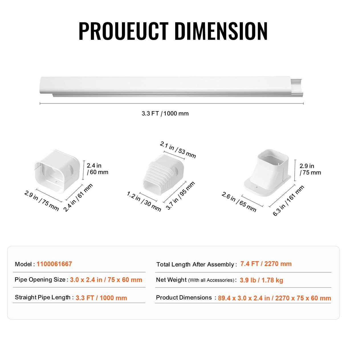 VEVOR Mini Split Line Set Cover 76.2mm W 2270mm L, PVC Decorative Pipe Line Cover For Air Conditioner with 2 Straight Ducts & Full Components Easy to
