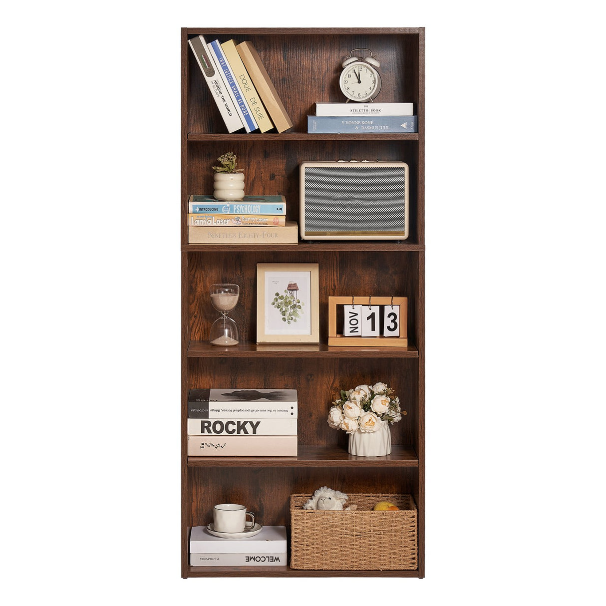 VEVOR 5-Tier Narrow Bookshelf 134cm Wooden Open Bookcase Adjustable Shelf Brown