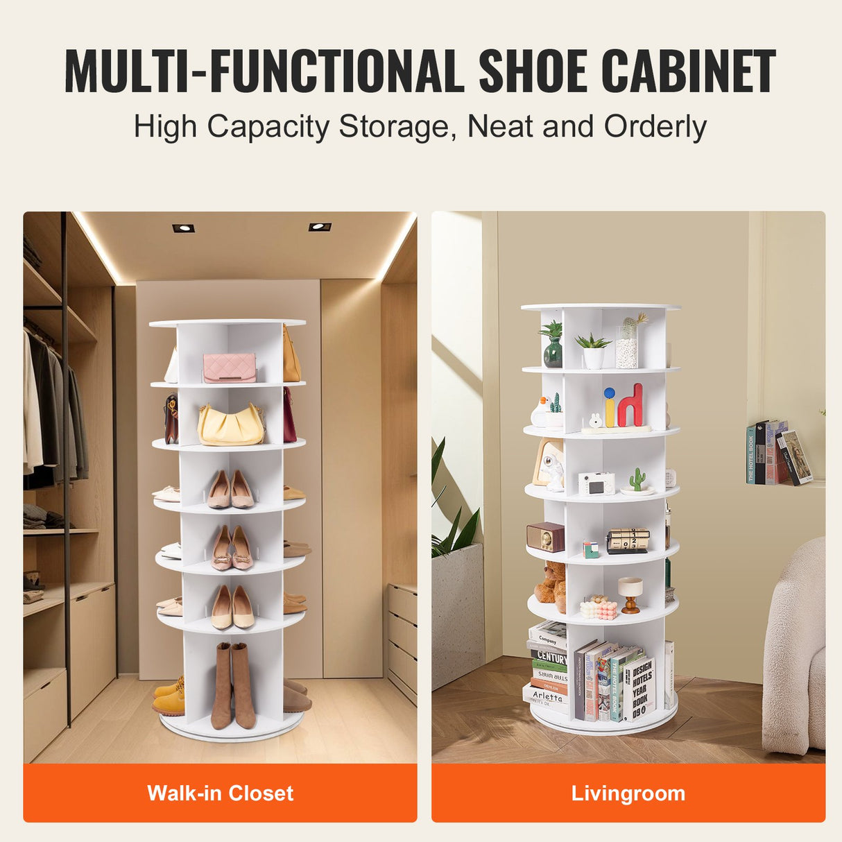 VEVOR 6-Tier Rotating Shoe Rack Tower 360° Spinning Shoe Display Carousel White