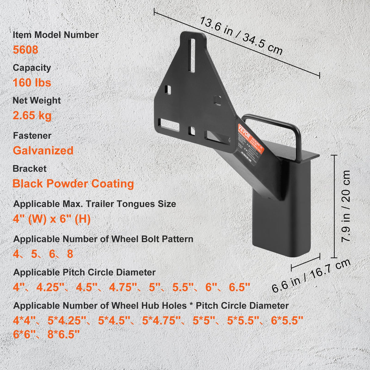 VEVOR Spare Tire Carrier, Trailer Spare Tire Mount, 160 lbs Capacity, Utility Trailer Accessories Fits Most 4 & 5 & 6 & 8 Lugs Wheels on 4", 4.25",