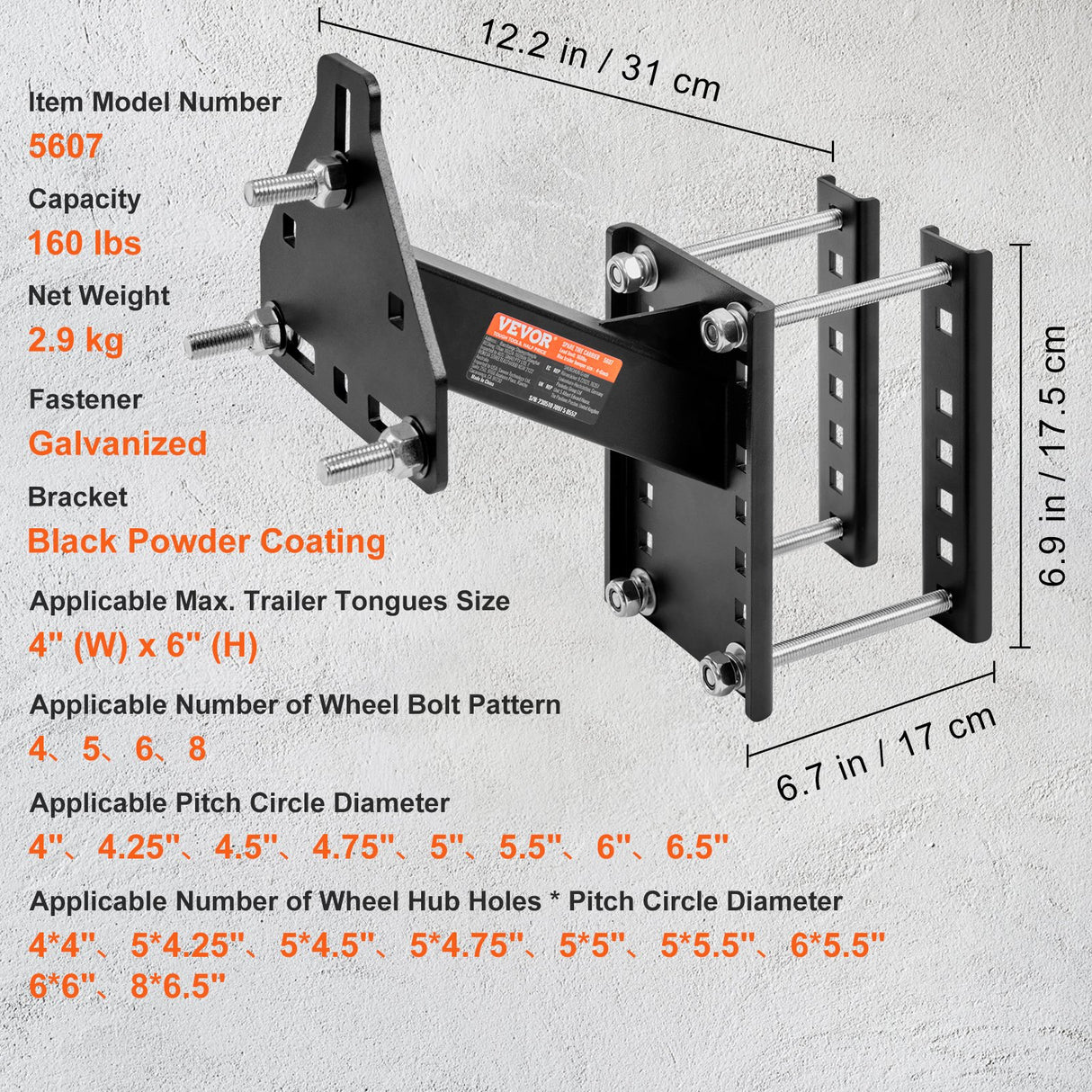VEVOR Spare Tire Carrier, Trailer Spare Tire Mount, 160 lbs Capacity, Utility Trailer Accessories Fits Most 4 & 5 & 6 & 8 Lugs Wheels on 4", 4.25",