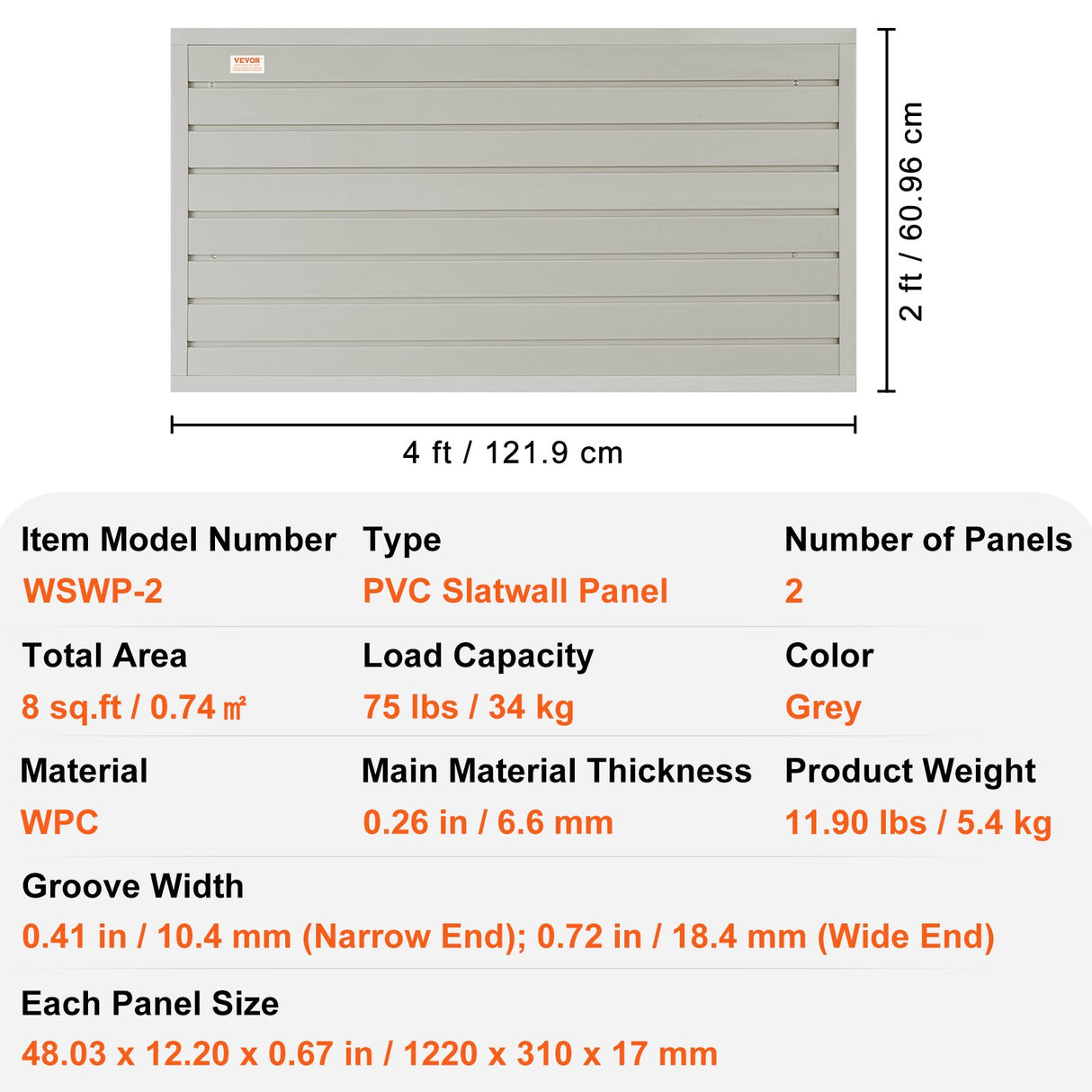 VEVOR Slatwall Panels, 121.9 x 30.48 cm Gray Garage Wall Panels (Set of 2 Panels), Heavy Duty Garage Wall Organizer Panels Display Perfect for Retail