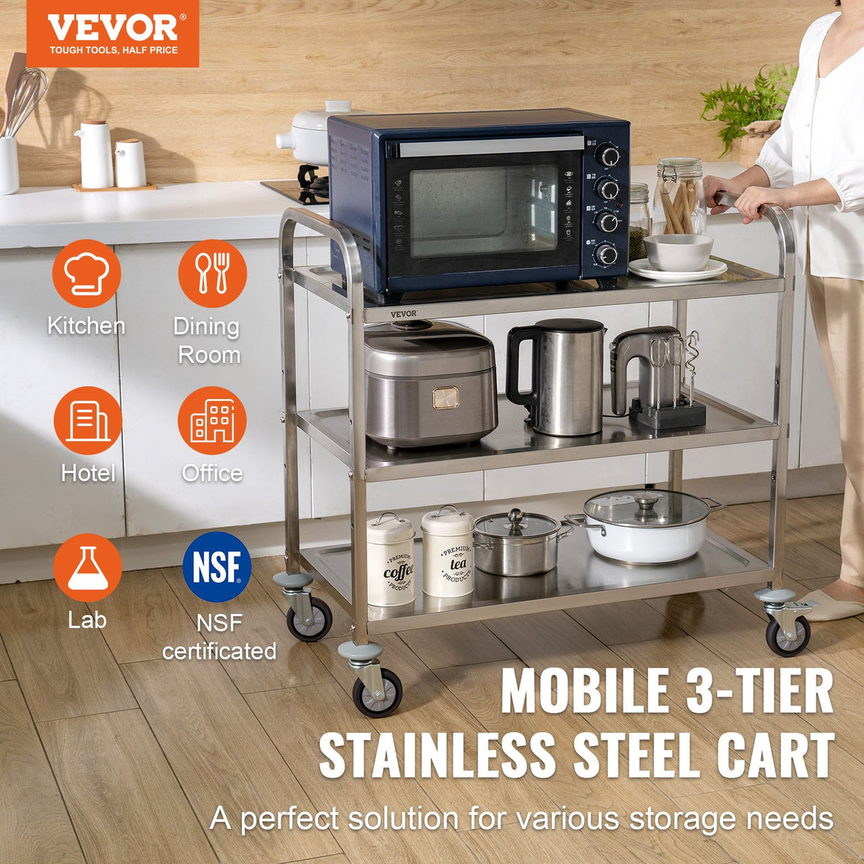 VEVOR 3-Tier Utility Cart Rolling Cart on Wheels 37.5"x20"x37.7" 450 LBS 6 Hooks