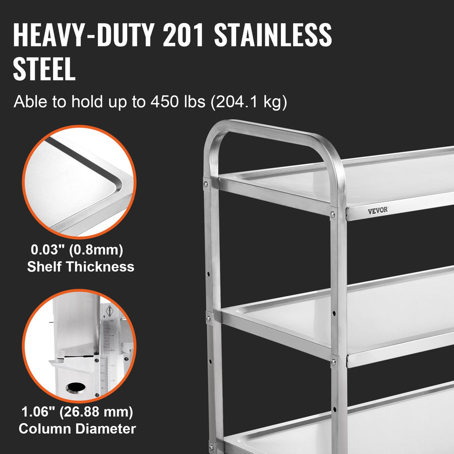 VEVOR 3-Tier Utility Cart Rolling Cart on Wheels 37.5"x20"x37.7" 450 LBS 6 Hooks, image 3