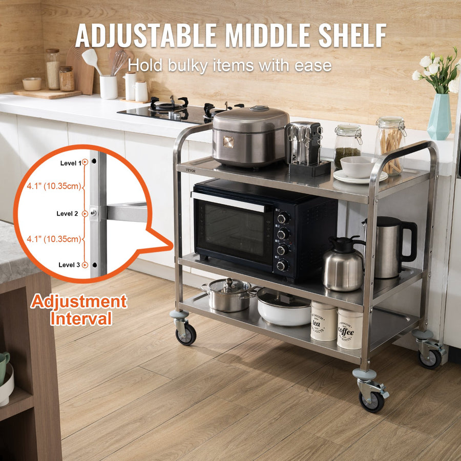 VEVOR 3-Tier Utility Cart Rolling Cart on Wheels 37.5"x20"x37.7" 450 LBS 6 Hooks, image 4