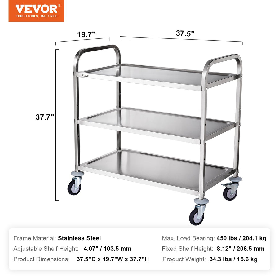 VEVOR 3-Tier Utility Cart Rolling Cart on Wheels 37.5"x20"x37.7" 450 LBS 6 Hooks, image 7