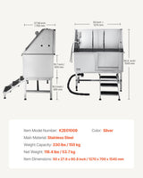 VEVOR 127 cm Dog Grooming Bath Tub Stainless Steel w Stairs Water Filter