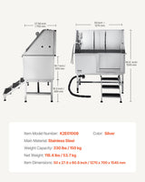 VEVOR 127 cm Dog Grooming Bath Tub Stainless Steel w Stairs Water Filter - Rear View