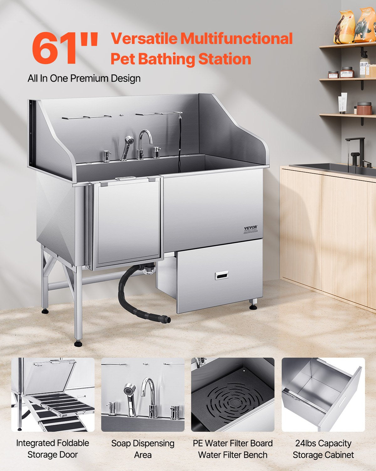 VEVOR 155 cm Dog Grooming Bath Tub Stainless Steel w Ramp Water Filter Left