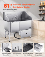 VEVOR 155 cm Dog Grooming Bath Tub Stainless Steel w Ramp Water Filter Left - Front View