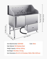 VEVOR 155 cm Dog Grooming Bath Tub Stainless Steel w Ramp Water Filter Left
