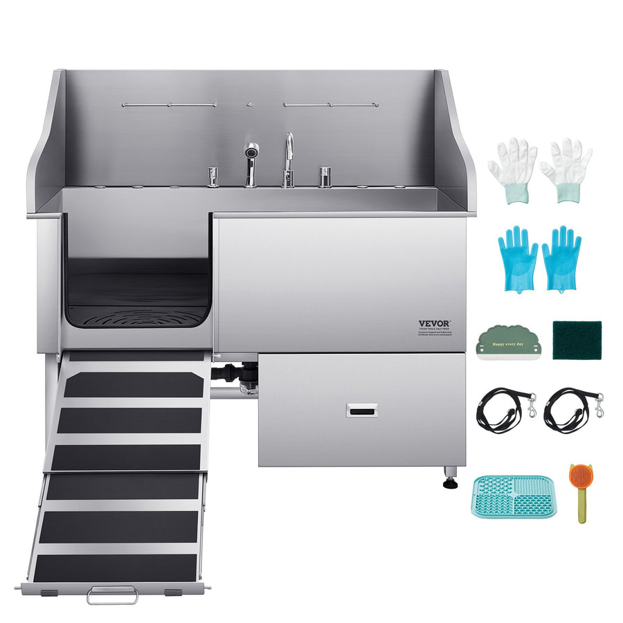 VEVOR 155 cm Dog Grooming Bath Tub Stainless Steel w Ramp Water Filter Left