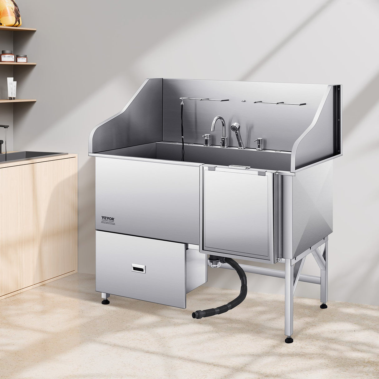 VEVOR 155 cm Dog Grooming Bath Tub Stainless Steel w Ramp Water Filter