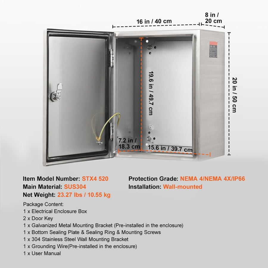 Steel Electrical Box, 50x40x20 cm, 304 Stainless Steel Electrical Enclosure Box, Wall-Mounted Outdoor Electrical Electronic Equipment Enclosure with Mounting Plate Hinges Lock, IP66 Waterproof